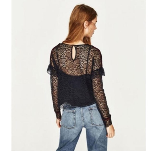 Zara Lace Blouse Sheer Small Black NEW - Picture 3 of 14